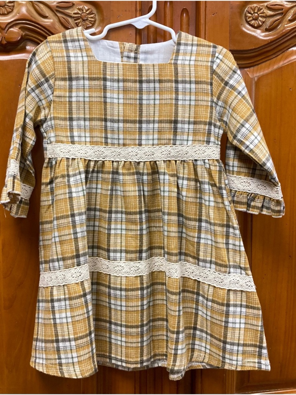 Honey & Bean Plaid Dress Mustard Cream Lace Trim Long Sleeve Size 3T
